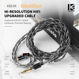 KBEAR Obsidian Black IEMs Cable, Graphene and 6N OCC Hybrid Conductor Earphone Upgraded Cable, Hi-Resolution HiFi Headphone Wire, 4 Strand 196-Core, 21AWG Braide Wire, 3.94ft/120cm (Black, QDC 4.4MM)