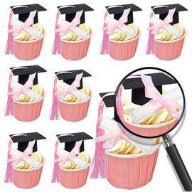 Gyufise 24Pcs 3D 2025 DIY Graduation Cap Cupcake Toppers and 24Pcs Diploma Picks 2025 Congrats Grad Cupcake Picks with Tassels for School Boys Girls Graduate Party Decorations Supplies Black Pink