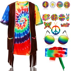 Hotop 15 Pcs 60s 70s Women Men Hippie Costume Set - Tie-dye Tshirt, Peace Sign Necklace, Sunglasses, Headband, Tattoo Pin Buttons