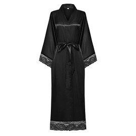 BuyChic Long Kimono Robes Women Satin Sleepwear Silky Lace-trim Robe Plus Size Silk Bathrobe Lightweight Cover Up