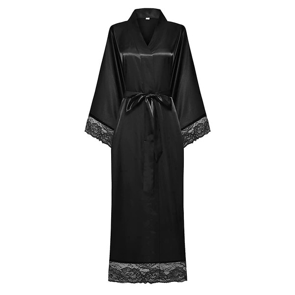 BuyChic Long Kimono Robes Women Satin Sleepwear Silky Lace-trim Robe