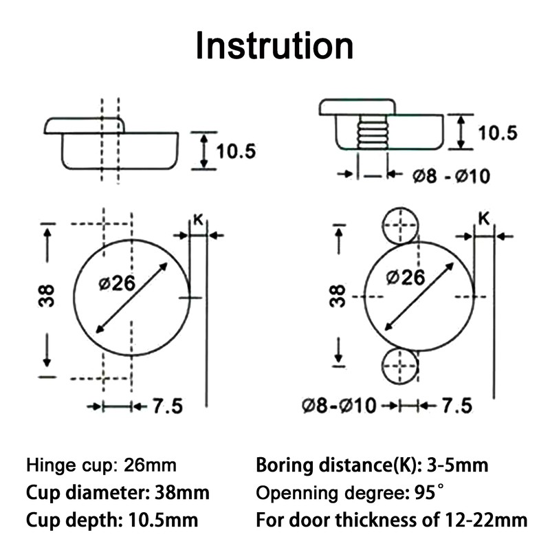 Kimdot 2 Pack 26mm Mini Cup Hinge for Billy Cabinet,