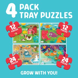 Chuckle & Roar Tray Puzzles 4 Pack Farm, Dinosaurs, Jungle, and Zoo 12 & 24 PC Edition