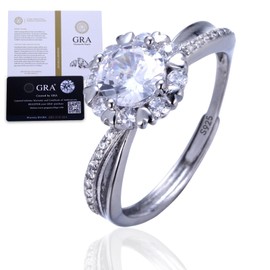 Halukakah Sterling Silver Women's Diamond Ring with 1 Carat Moissanite Stone and Certificate, 1.0 ct Elegant Jewellery for Engagement, Celebrations and Birthdays, Adjustable Size, Gift for Wife,