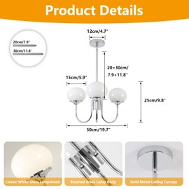 BOKT Modern Sputnik Chandelier 3 Light Glass Globes Silver Chandelier Light Fixture White and Chrome Pendant Lights Vintage Hanging Chandelier for Kitchen Island Dining Room