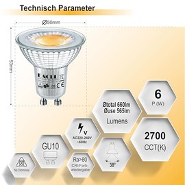 EACLL EACLL GU10 LED Warmweiss 6 Watt Ersetzt 75W Halogen Leuchtmittel, 6er-Pack, 660 Lumen 2700 Kelvin Birnen, AC 230V Flimmerfrei Strahler, Abstrahlwinkel 38 Grad Spot, Nicht Dimmbar Reflektor Lampen