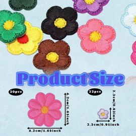 52 Pcs Iron On Patches, 30 Large 4.2cm and 22 Small 2.3cm Iron On Flower, Embroidery Patches for Clothing, Multi-Color Sew On Patches for DIY Projects Clothing Backpacks