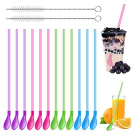 Pack of 12 Drinking Straws, Spoons, 2-in-1 Spoon Straws, Reusable Plastic Straws, Spoons with 2 Cleaning Brushes, Latte Macchiato Spoons, Spoon Straws for Latte Milkshakes Cocktail