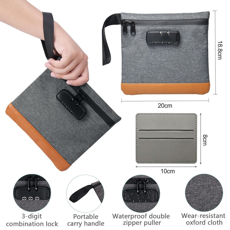 Money Bag with Combination Lock, 7.9 x 7.4In Carbon Lined