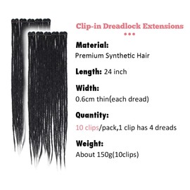 24 Inch Clip in Dreadlock Hair Extensions 10Clips 40 Strands Synthetic Handmade Soft Clip In Dreads Extensions for Women,Black