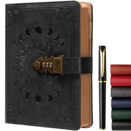 Diary with Lock for Women/Men, Secret Diary for Girls, A5 Notebook with Pen Set, Refillable Leather Journal, Writing Notebook, Size A5 (8.5 × 5.9 inches), Black