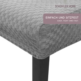 Scheffler-Home Stuhlhussen Emil Grau 2er Set Schachbrett Muster Karo 3D-Textur Stretch Stoff elastische Stuhlabdeckungen für Schwingstühle Hochlehner mit 4-Flex-Saum