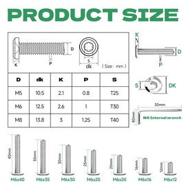 Pack of 20 Flat Head Screws M6 x 20 Torx M6 Screws Stainless Steel Pan Head Screws M6 A2 V2A Countersunk Screws M6 Full Thread Machine Screws with Torx Key