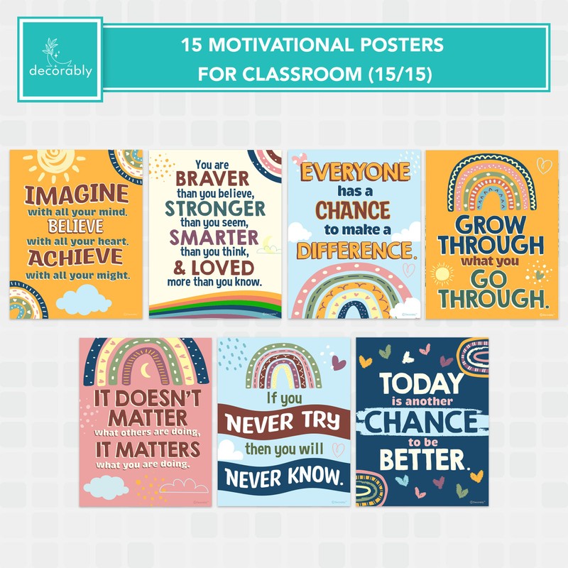 Decorably 15 Boho Rainbow Motivational Classroom Posters, 11x14in Matte-Laminated Inspirational