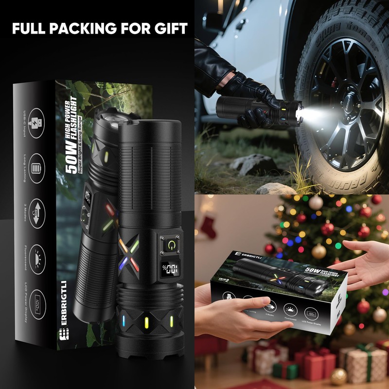 erbrigtli Flashlights High Lumens 10000 Rechargeable, Super Bright 50W LED,
