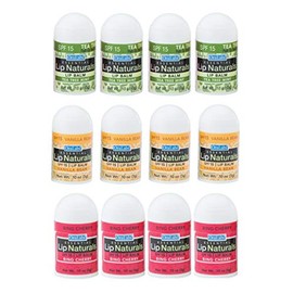 Lip Naturals® - Mini bálsamo labial surtido con protector solar (SPF-15), fabricado en Estados Unidos, paquete de 12 unidades con sabores de cereza Bing, menta de árbol de té y vainilla (0.10 onzas