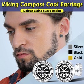 Norse Viking Earring Studs for Men Women, Tiny Small Runes Compass Vegvisir Stud Earrings - Stainless Steel Jewellery