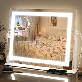 FENNIO Vanity Mirror with Lights 22''x18'' Makeup Mirror with Lights,Lighted Makeup Mirror with 10X Magnification and USB，Smart Touch Screen with 3-Color Lighting,Dimmable（Square White）