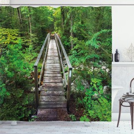 Lunarable Sendero de los Apalaches Cortina de Baño, Puente en el Bosque, Paño Conjunto de Decoración de Baño de Tela y Ganchos, 70" Alto, Verde Tiza Oscuro