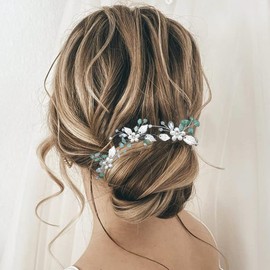 Heread Horquillas para el pelo de novia con diseño de flor de perla, para novia, de hoja de plata, accesorios para el pelo de ópalo verde, piezas de pelo para mujeres y niñas (paquete de 3)