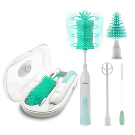 Electric Bottle Brush Cleaner New Upgrade, Portable Electric Baby Bottle Brush Cleaner for Travel, Travel Bottle Cleaner Kit with Nipple & Straw Brush, Perfect Mom Essentials After Birth Gift, Green