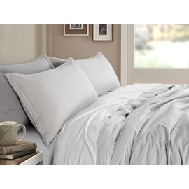 Get Bed Ready Stonewashed Cotton Bengal Pinstripe Chambray Duvet Cover Relaxed Minimal Classical Style Bedding Set Yarn Dyed Natural Classic Striped Pattern Small Banker Stripe (King, Dark Grey)