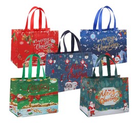5 Pack Christmas Tote Bags Mix Color Set, Reusable Tote Bag With Handle, Christmas Fashionable Bag Foldable Water Resistant Gift Shopping Bag for Xmas Party