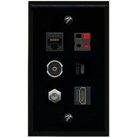 RiteAV CAT6 Coax HDMI Speaker TOSLINK USBC Flat/Solid Wall Plate [Black]