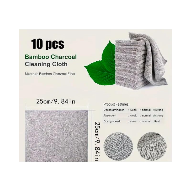 10pcs Bamboo Charcoal Microfibre Towels | Ultra-Absorbent Microfibre Cleaning Cloths