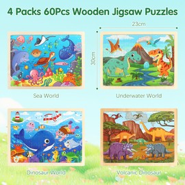 4 Packs Wooden Jigsaw Puzzles for Kids 3-6 Year Olds, Sea World Dinosaur Animals 60 Pieces Kids Puzzles Toys, Early Eduactional Puzzle Toy Game Gifts for Children
