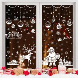BOFUNX 9 Sheets Christmas Window Stickers, Static Snowflakes Santa Merry Christmas Window Decals White Double Sided Christmas Window Cling Decoration Christmas Party Suppliers