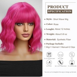 Esmee Short Wave Rose Bob Wigs with Fringe Shoulder Length Wig Curly Wavy Synthetic Cosplay Wigs for Women