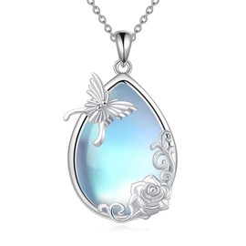 YAFEINI Butterfly Necklace Sterling Silver Moonstone Animal Pendant Necklace Jewellery Gift for Women