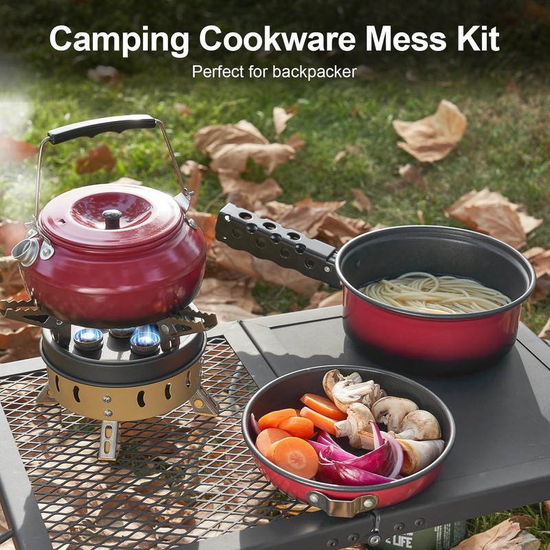 Odoland 5pcs Camping Cookware Mess Kit, Non-Stick Lightweight Pot Pan