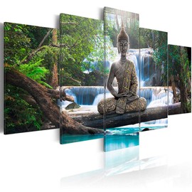 AWLXPHY Decor Buddha Waterfall Wall Art Canvas Painting Framed 5 Panels for Living Room Decoration Modern Landscape Buddha Trees Zen Stretched Artwork Giclee (Green, 60x30'')
