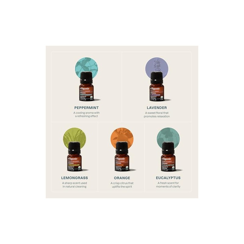 Cliganic Set de 5 Aceites Esenciales Orgánicos para Difusor, 15