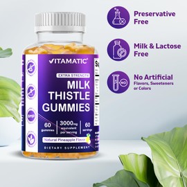 Vitamatic 2 Pack Milk Thistle Gummies - 3000 mg Equivalent - Liver Detox & Anti Oxidant Health - Min. 80% Silymarin Flavonoids - 60 Pectin Based Gummies