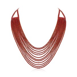 Flyonce Multi Layered Chunky Collar Necklace, Glitter Red Rhinestone Waterfall Multi-Strand Chains Statement Bib Necklace Costume Jewelry for Wedding Party Gold-Tone