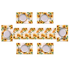 Vintage Sunflower Table Runner and Place Mats Set of 6 – Yellow Watercolor Floral Design with Retro Print – Washable Rustic Linen Dining Mat Set for Kitchen and Home Décor – 70 Inches Long
