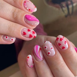 Valentine's day Press on Nails Oval Short 24Pcs Glossy Full Cover Artificial Oval Fake Nails with Heart Flower Designs Acrylic Short False Nails with Glue Stick on Fingernails for Women Girls