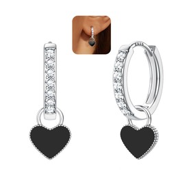 FIOROYAL Earrings Silver 925 Hanging Heart for Women Girls Hypoallergenic Zirconia Hoop Earrings Silver 925 Small Hoop Earrings with Heart Pendant, Silver, Cubic Zirconia