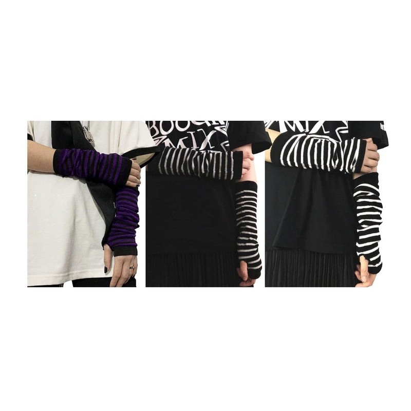 Ro Rox Gothic Striped Arm Warmers Fingerless Thumb Hole Elbow