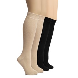 Hugh Ugoli Women's Bamboo Knee High Socks | Comfort Seam Long Dress Socks, Soft & Lightweight | 4 Pairs, Light Beige/Black, Shoe Size: 5-8