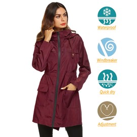 LOMON Women Waterproof Lightweight Rain Jacket Active Outdoor Hooded Raincoat (M, wine red)