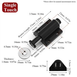 2Pcs Black Drawer Push to Open Catches with Fixing Screws, Cabinet Door Magnetic Touch Latch for Kitchen, Bedroom, Office(Single Touch with Clip)