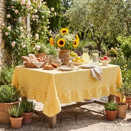 Eternal Beauty Gingham Ruffled Tablecloth 60x102 Inch, 100% Washed Cotton Plaid Table Cloth, Vintage Farmhouse Decor for Outdoor, Wedding, Party, Spring Picnic & Dining Room- Butter Yellow White