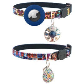 Airtag Cat Collar Breakaway, 2 Pack with Bell & 1 Airtag Holder, Adjustable Kitten Collar, Boho Cat Collar, Cute Design for Boy Girl Cats(Navy+Water Drop Pendant)