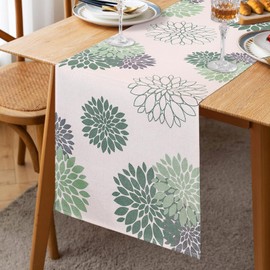 Table Runner Green Grey Linen Dahlia Flower 40 x 140 cm Attractive Table Runners Farmhouse Floral Centre Table Decor Spring Summer Table Runner for Living Room Home Dining Party Entrance