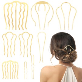 CURASA 9 Pcs Metal Hair Side Combs Gold French Hair Stick For Updos Large U-Shape Teeth Pins Vintage Decorative Accessories Twist Fork Clip For Styling Messy Bun Maker For Women Girls
