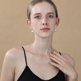 Halora Pearl Earrings, Silver Pearl Drop Earrings for Women Dainty Diamond Dangle Earring Hypoallergenic Wedding Bridesmaid Gift 10mm